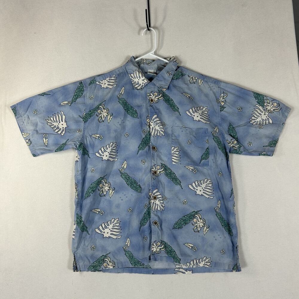 OP Sport Short Sleeve Hawaiian Shirt Mens XL Travel Blue Abstract Floral Relaxed